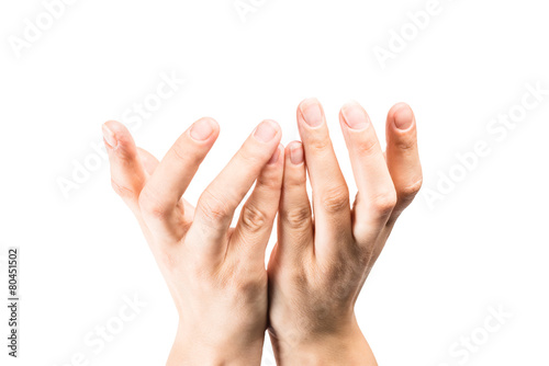 Three hands calling for help on white background