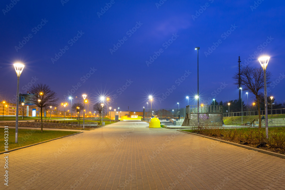 Fototapeta premium Park pathway in Gdansk at night, Poland