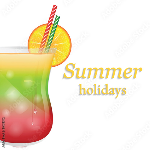 Summer fruit cocktail with ice and orange isolated on white back