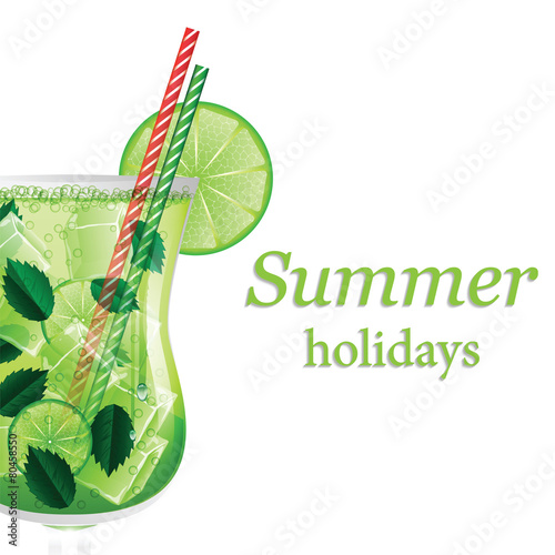 Summer Mojito cocktail with ice, mint and lime isolated on white