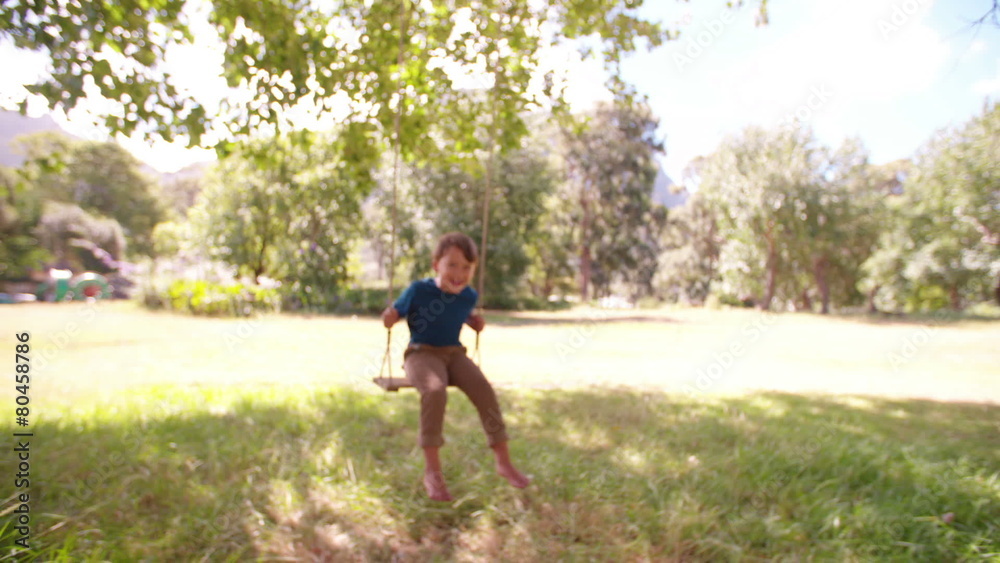 Delighted little boy swinging in sunny natural park Delighted little boy swinging in sunny natural park
