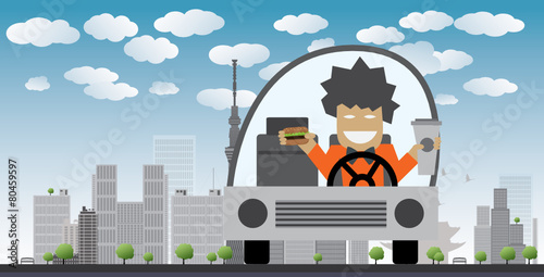 Man drive and eat in a car Vector illustration