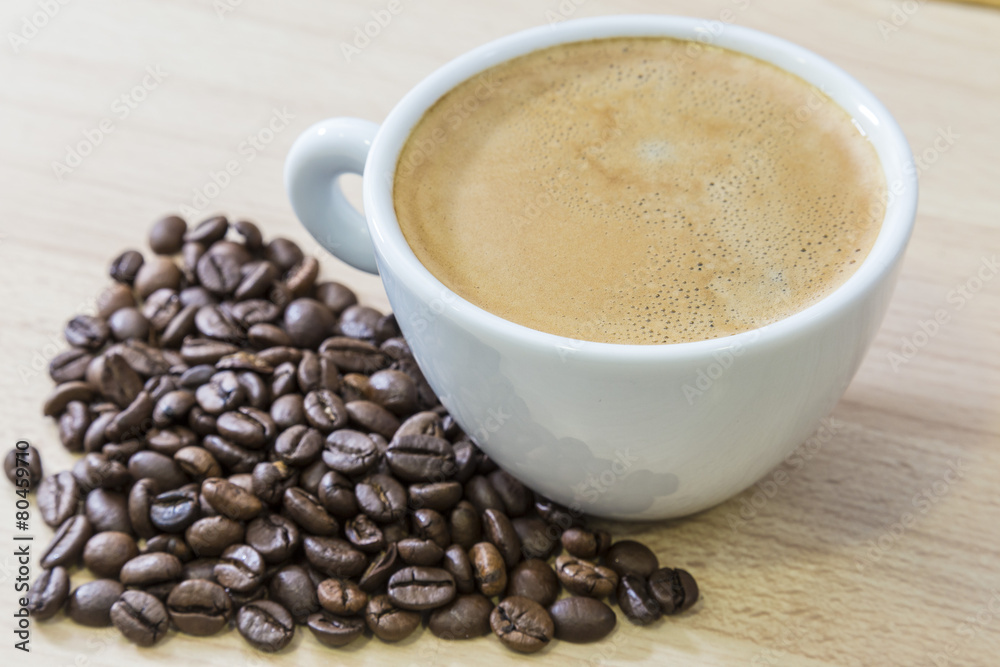 Espresso coffee white mug and beans Espresso coffee white mug and beans