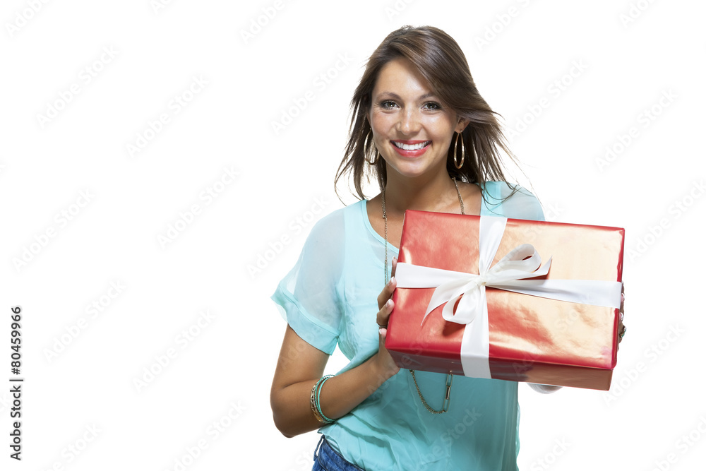 Close up Portrait in Casual Clothing Holding a Red Big Gift Box Close up Portrait in Casual Clothing Holding a Red Big Gift Box