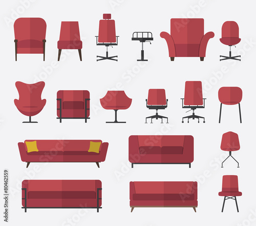 Flat design  icon set of chair and sofa in marsala color.