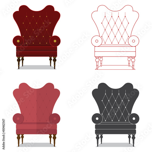 Flat design  icon set of classic chair in marsala color. Vector.
