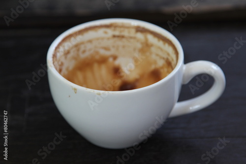 Closeup of a empty coffee cup on wooden table.