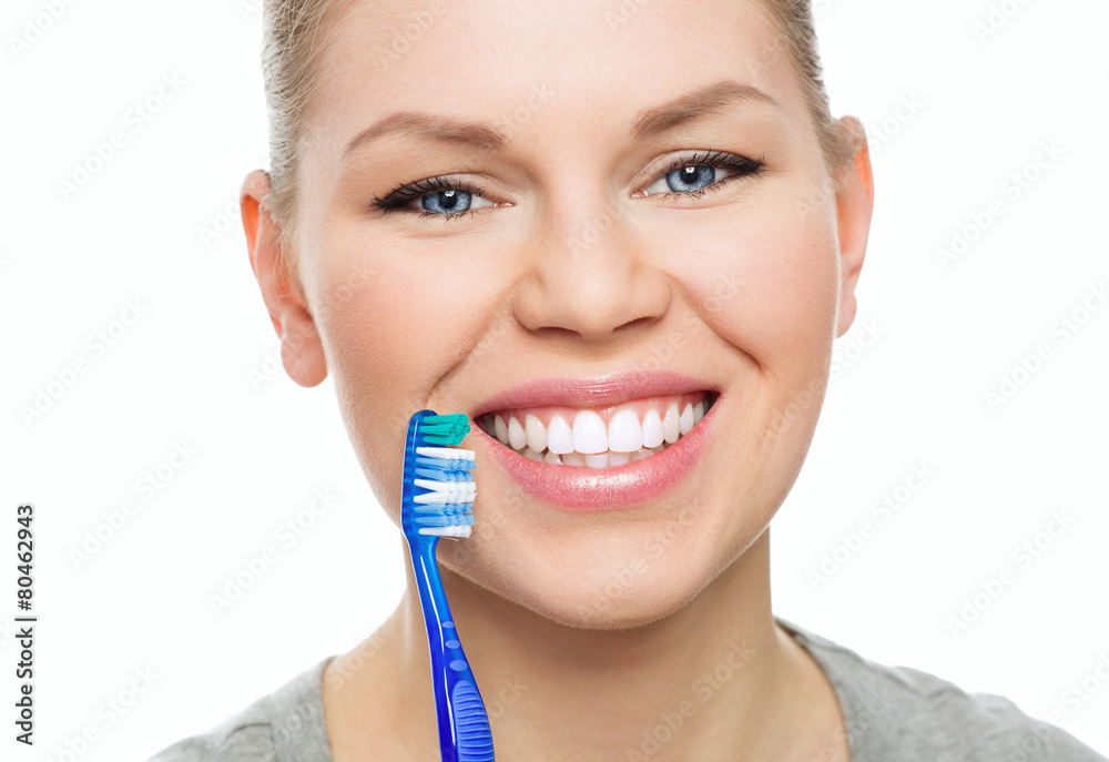 Dental cure. Cavity protection. Happy female with toothy smile Dental cure. Cavity protection. Happy female with toothy smile
