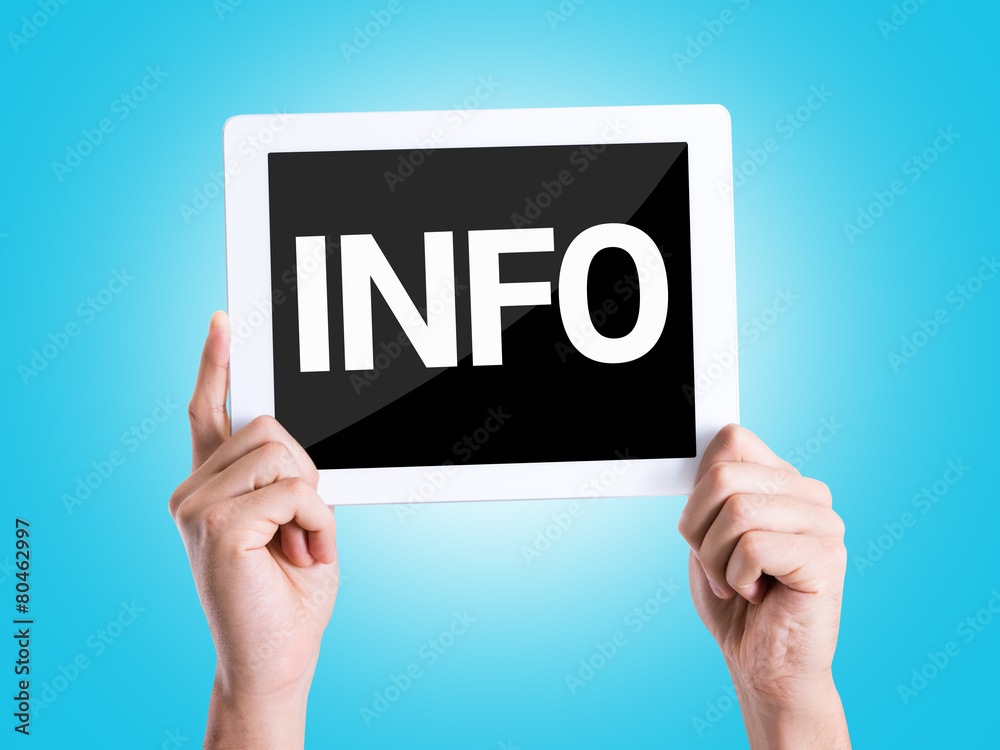 Tablet pc with text Info with blue background Tablet pc with text Info with blue background