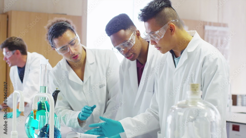 Young group of university students working together in science class