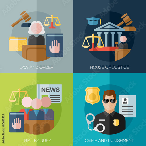 Vector crime, punishment, law and order social flat icons set