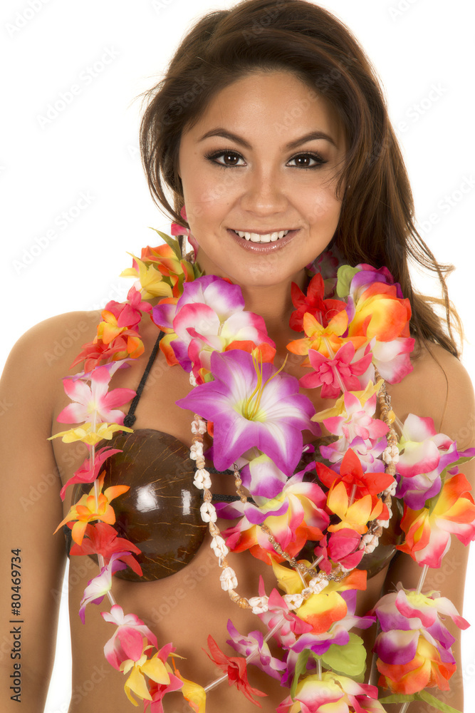 Hawaiian woman coconut bra close smile