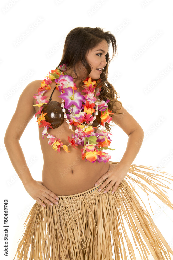 Hawaiian woman coconut bra grass skirt look side Stock Photo