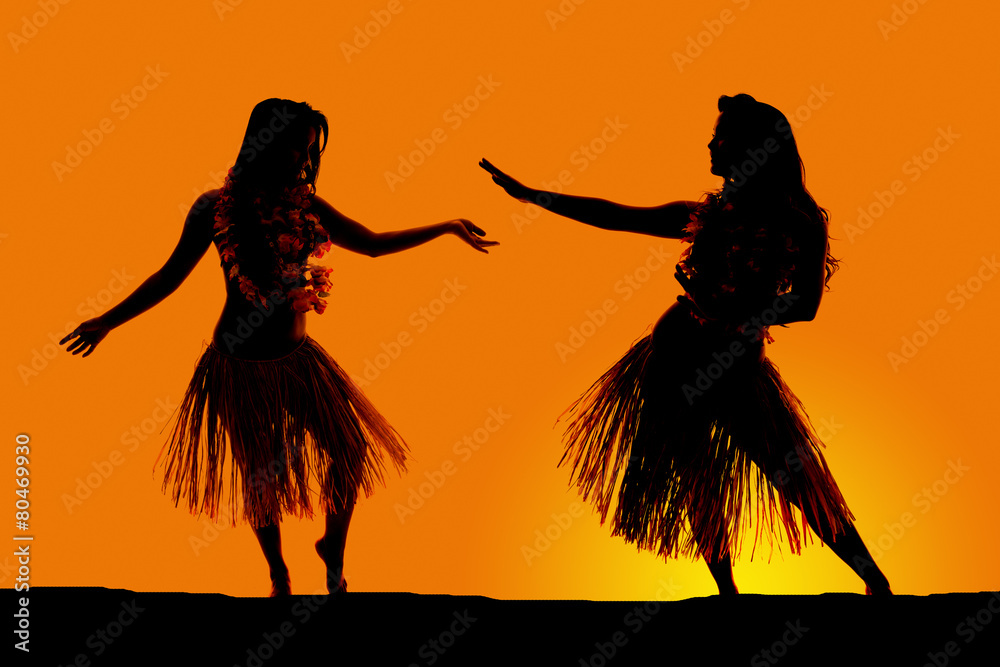 silhouette of Hawaiian woman grass skirts dancing - obrazy, fototapety, plakaty 