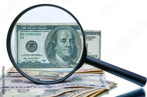 Quadro em tela Example of a counterfeit bill and magnifier