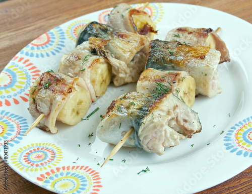 kebabs mackerel, banana and bacon