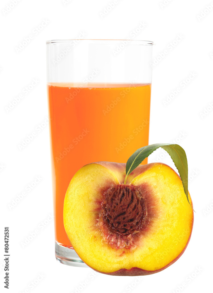 peach juice in the glass and half of fresh peach isolated on whi peach juice in the glass and half of fresh peach isolated on whi