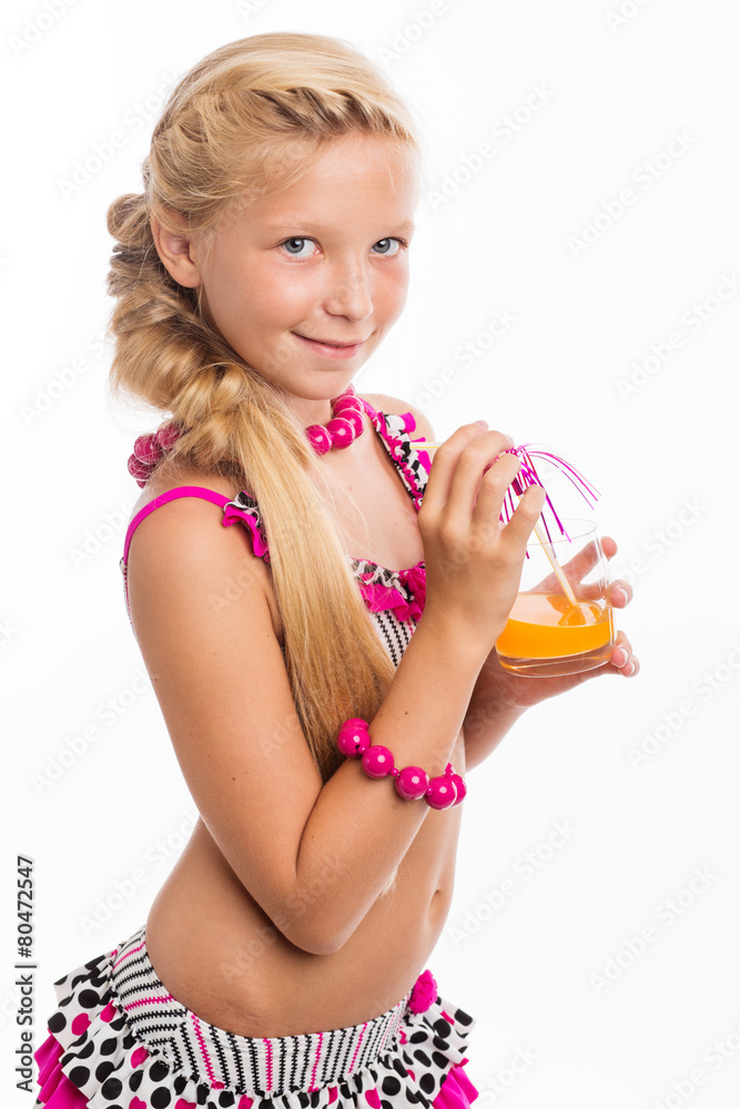 Portrait of young summer girl smiling in swimsuit witn juice. Is Portrait of young summer girl smiling in swimsuit witn juice. Is