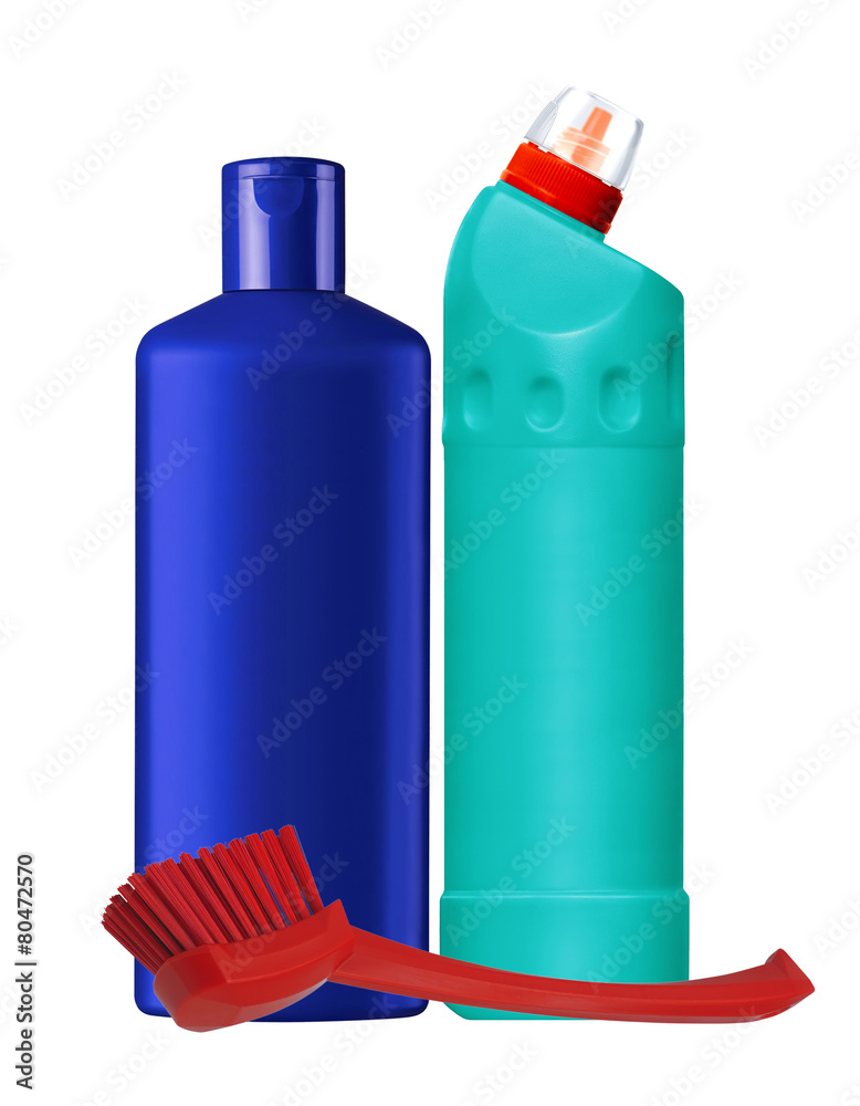 bottles with cleaning liquid and brush isolated on white bottles with cleaning liquid and brush isolated on white