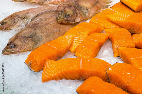 Salmon and plaice for sale at the Boqueria in Barcelona photo