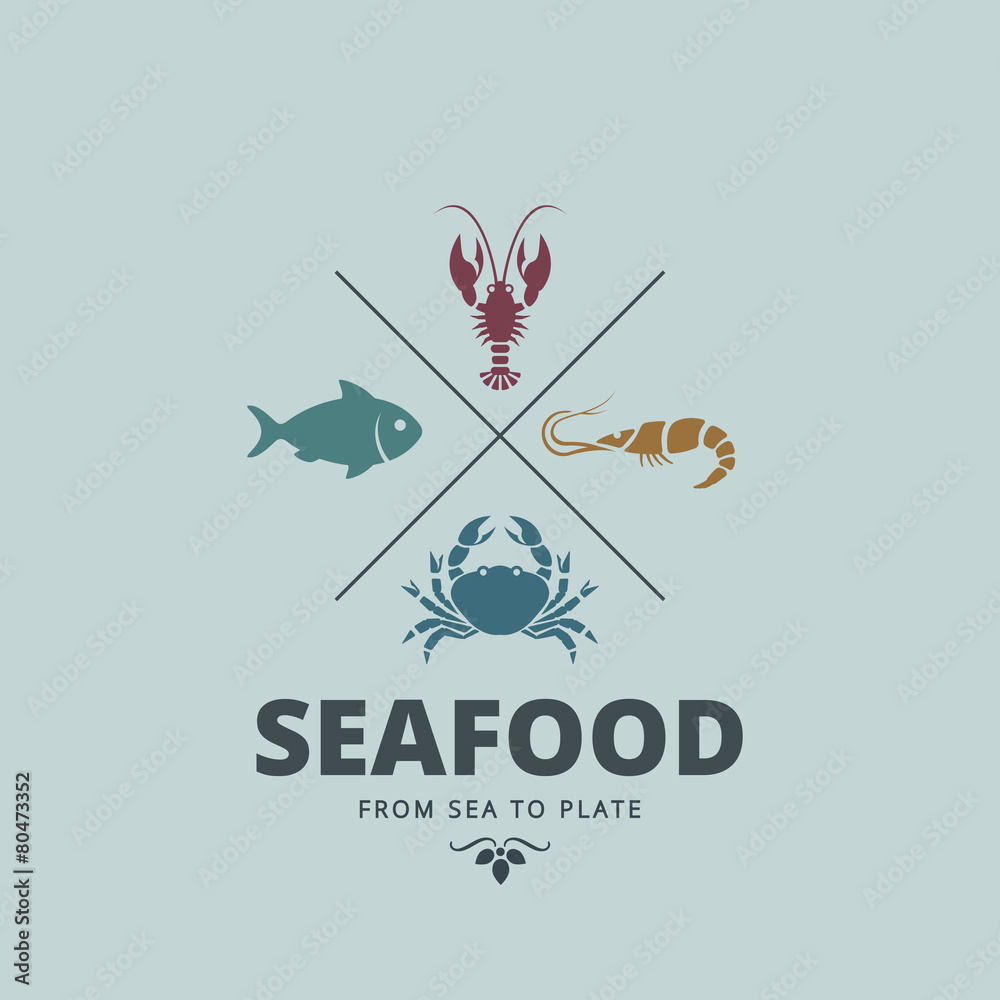 Logo Seafood Retro Vintage Label design. Crab, Lobster, Fish