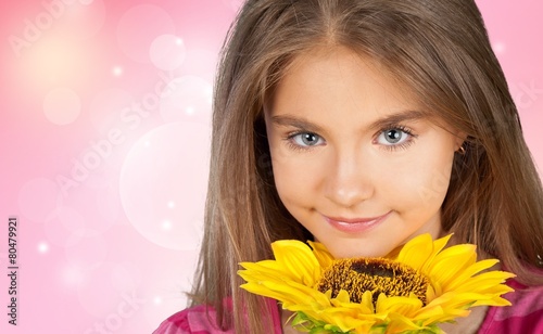 Single Flower. Smiling Girl With Sunflower