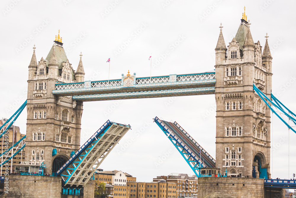 Tower Bridge in London with drawbridge open