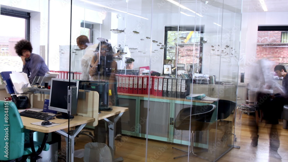 Time lapse of attractive young professionals at work in busy modern office