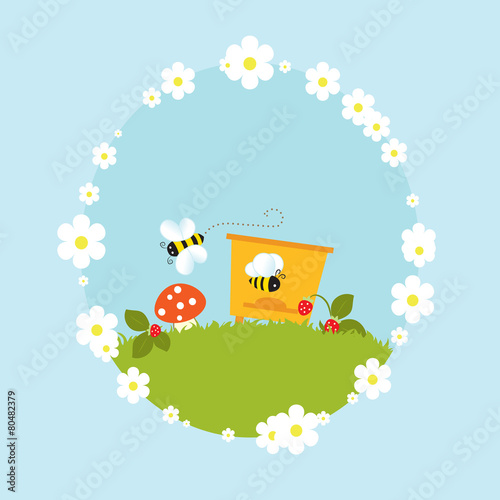 Cartoon beehive honey vintage flowers fruits vector illustration