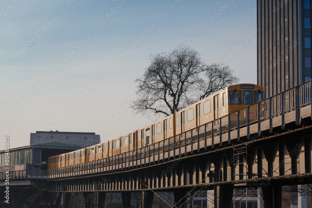 Yellow Metro on Steel Bridge with Urban Architecture
