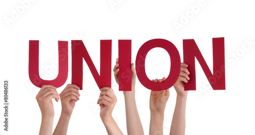 Many People Hands Holding Red Straight Word Union photo