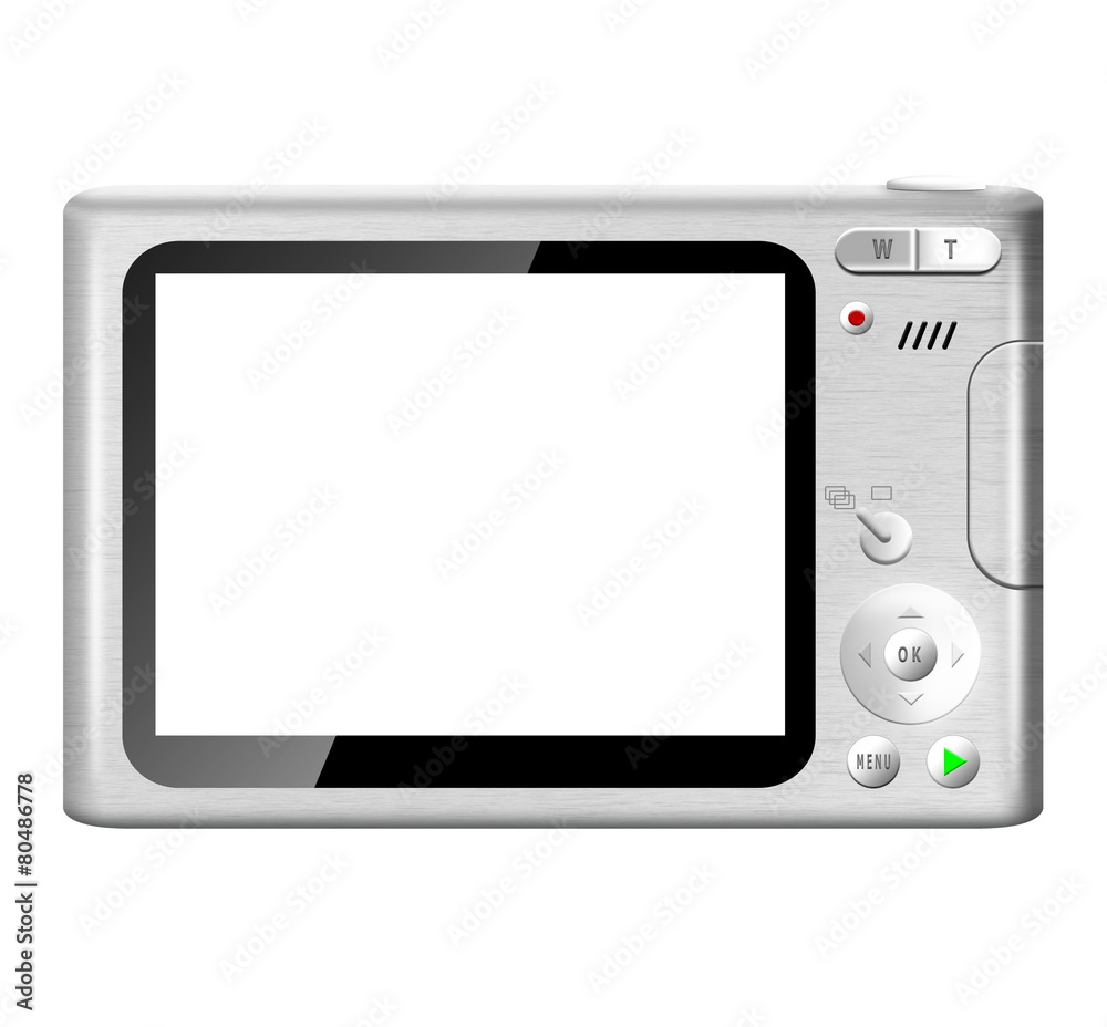 Compact digital camera with empty LCD screen isolated Compact digital camera with empty LCD screen isolated