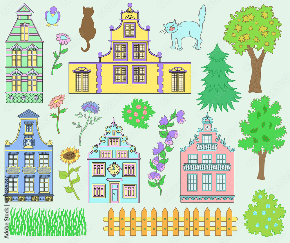 Design set with houses, pets and nature details