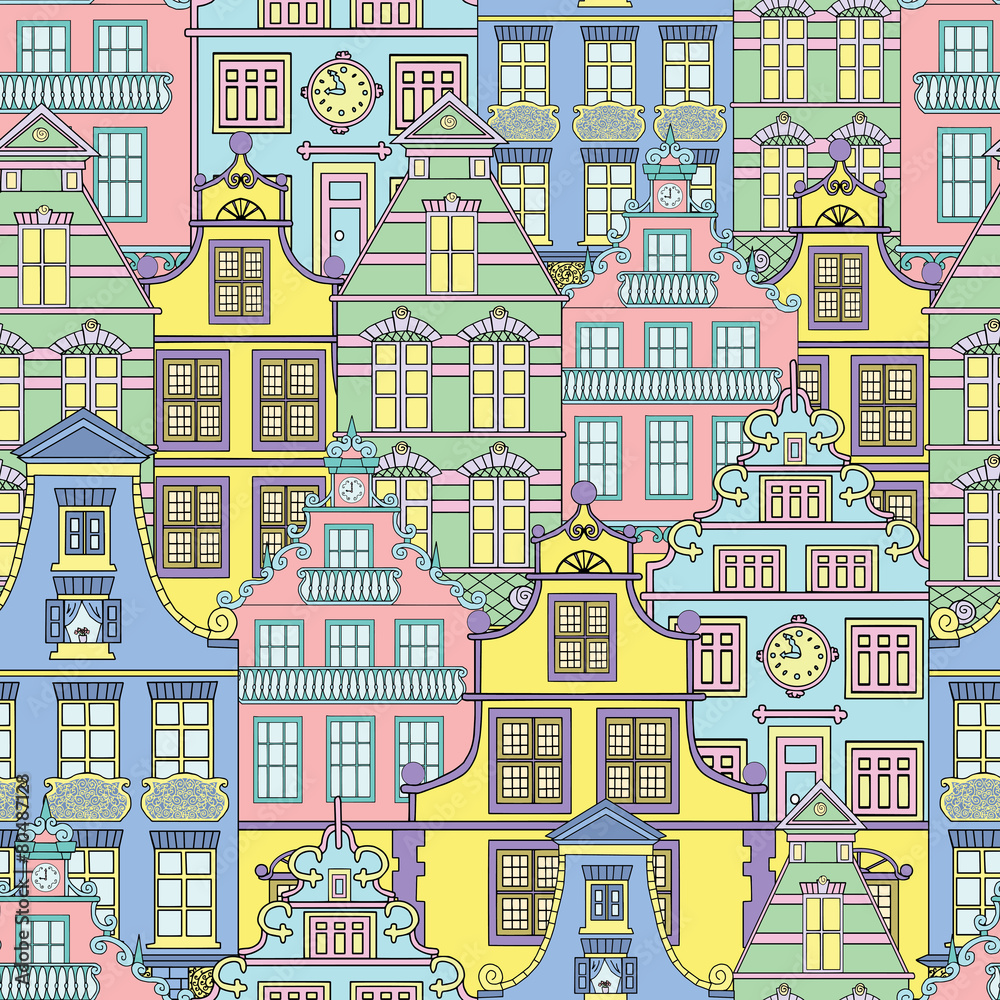 Seamless background with cute houses