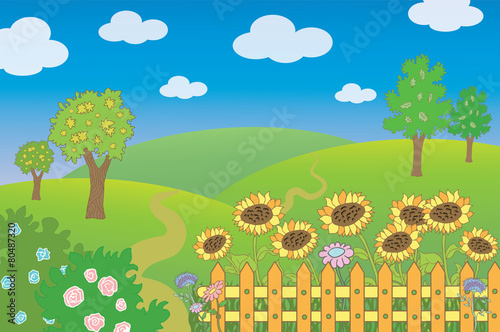 Summer landscape with fence and sunflowers
