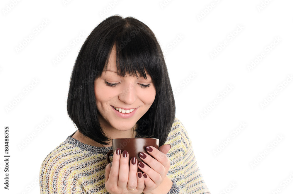 young woman with cup of tea or coffee in hands young woman with cup of tea or coffee in hands