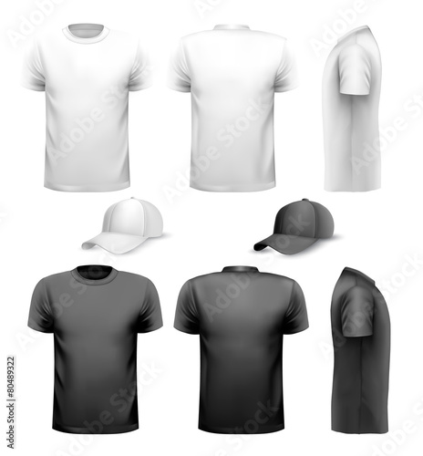 Black and white men t-shirt and cap. Design template. Vector.
