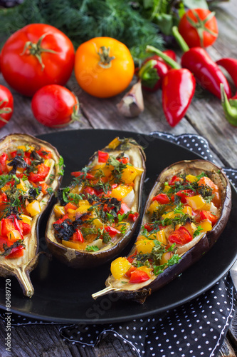 Stuffed eggplant with fried vegetables