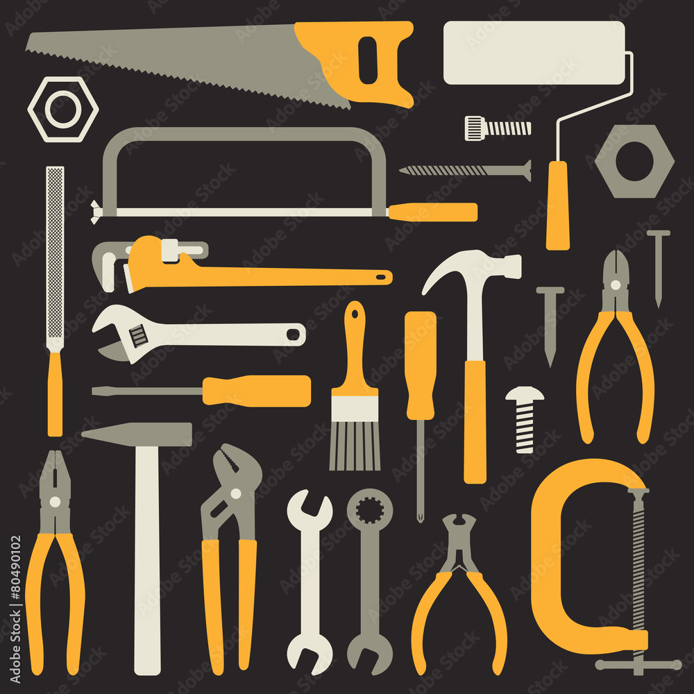 Various hand tools vector silhouette icons on black background Various hand tools vector silhouette icons on black background