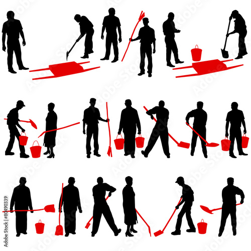 Set of black silhouettes of men and women with shovels and bucke
