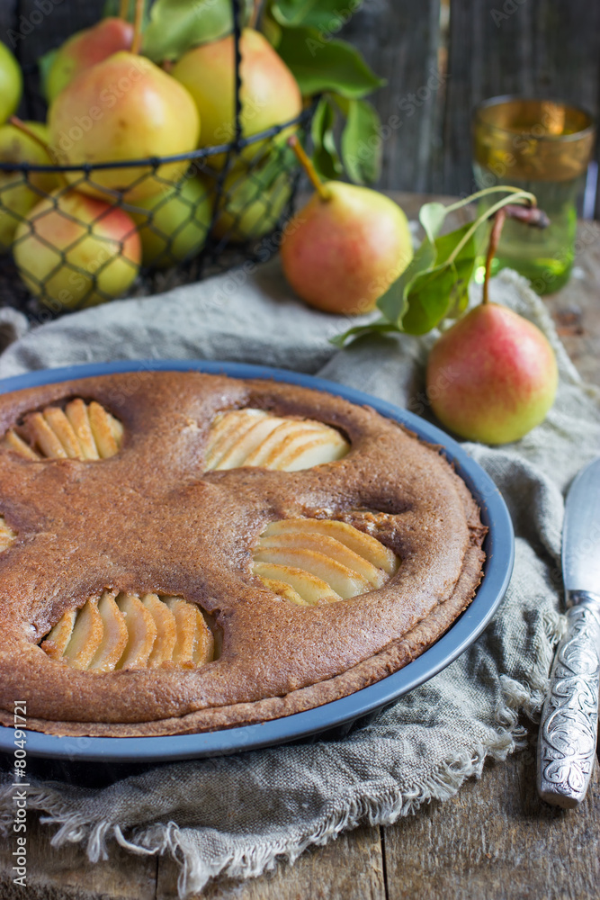 Homemade chocolate tart with frangipane and pears Homemade chocolate tart with frangipane and pears