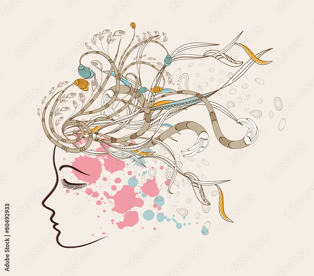 Obraz premium Beautiful doodle girl silhouette with floral ornaments
