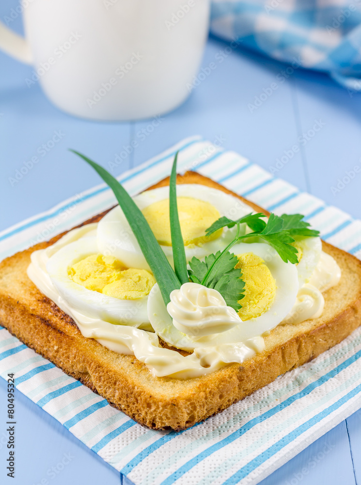 Breakfast sandwich with sliced egg and verdure Breakfast sandwich with sliced egg and verdure