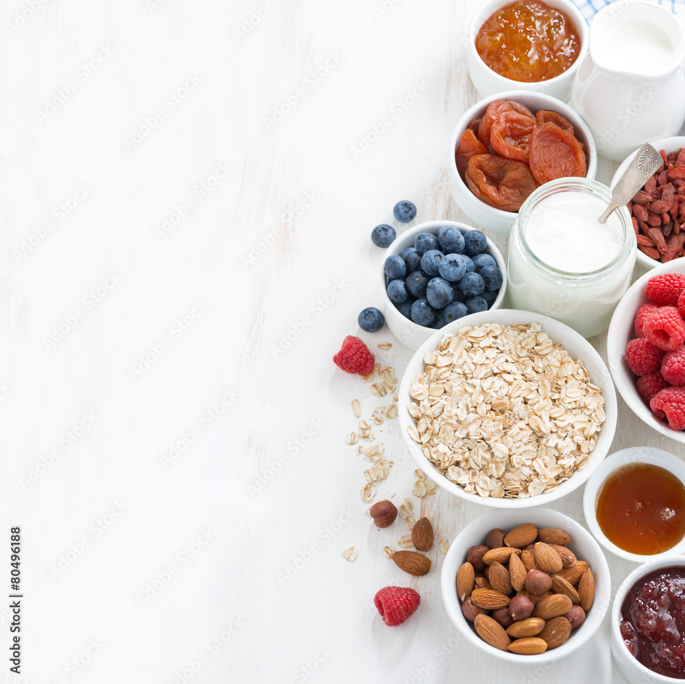 cereal and various delicious ingredients for breakfast and place cereal and various delicious ingredients for breakfast and place