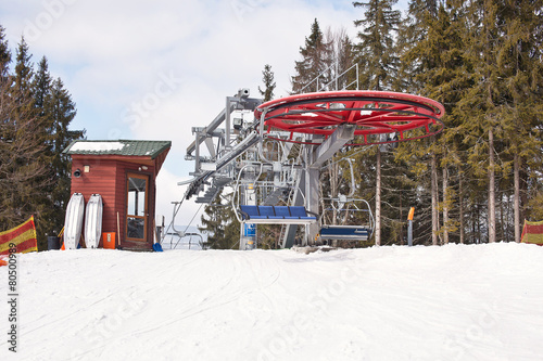 The mechanism of the chair lift. Bukovel ski resort. Ukraine