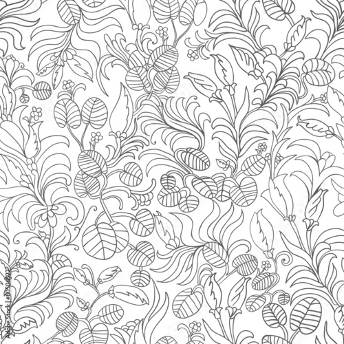 seamless pattern Nouveau. Leaves flowers. black and white drawin