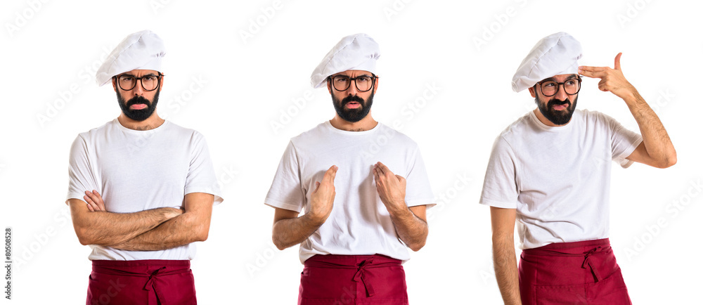 Chef doing surprise gesture over white background Chef doing surprise gesture over white background