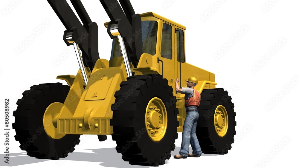 Wheel loader bulldozer and cosntruction worker  isolated