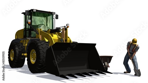 Wheel loader bulldozer and cosntruction worker isolated