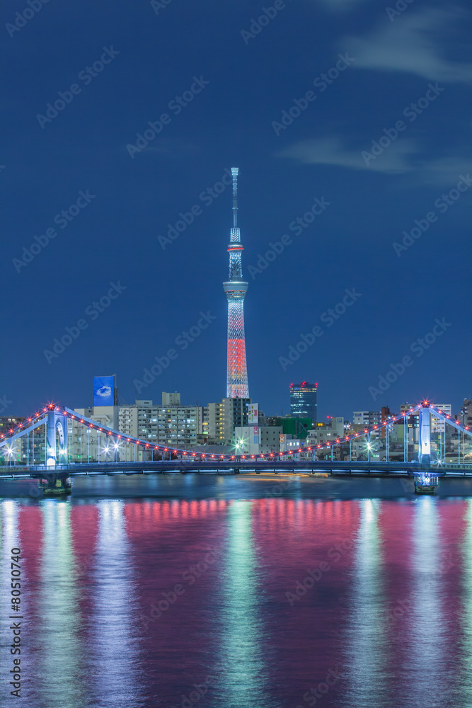 Obraz premium Tokyo city view with Tokyo sky tree and sumida river at twilight